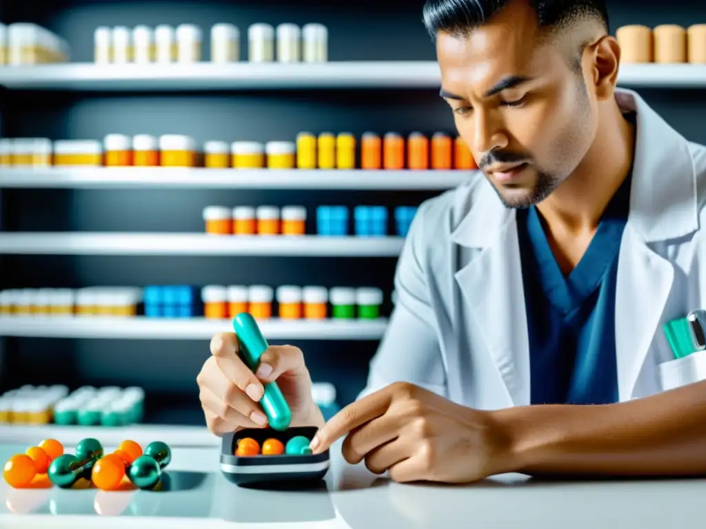 Nutricionista experto en suplementos deportivos Un nutricionista profesional mide cuidadosamente una combinación precisa de vitaminas y minerales en un organizador de pastillas moderno