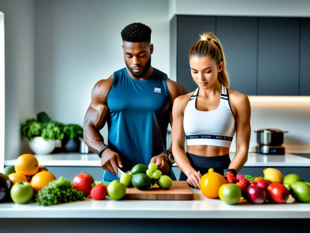 Preparación de Comida Saludable para Atleta Determinado Un nutricionista profesional prepara una comida balanceada mientras un atleta determinado observa