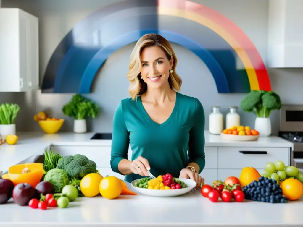 Nutricionista experto crea comida anti-ansiedad Un nutricionista profesional prepara una comida equilibrada en una cocina luminosa y moderna