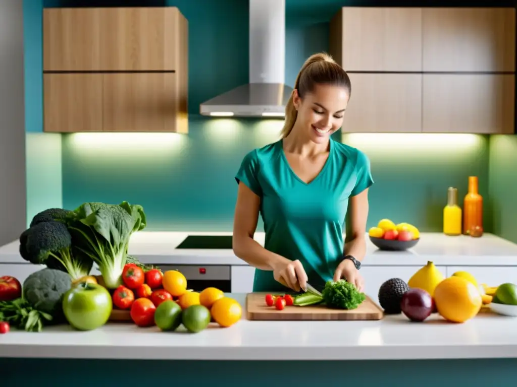 Nutricionista profesional preparando comida posentrenamiento Un nutricionista profesional prepara una comida post-entrenamiento, rodeado de ingredientes frescos y coloridos en una cocina moderna