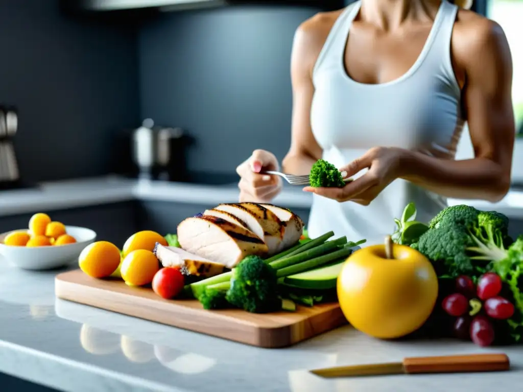 Nutricionista profesional preparando comida post-entrenamiento en 8k Un nutricionista profesional prepara meticulosamente una comida post-entrenamiento en una cocina moderna, creando una atmósfera cálida y acogedora