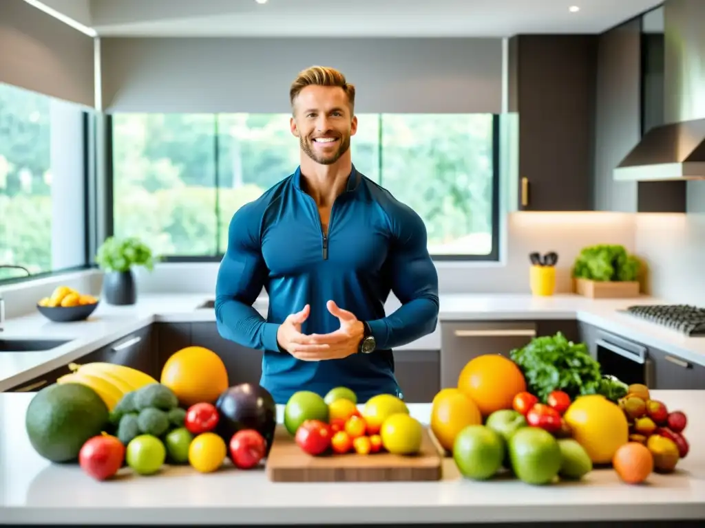 Nutricionista experta en cocina moderna inspira a atletas Una nutricionista profesional da consejos de nutrición deportiva avanzada a un grupo de atletas en una cocina moderna y luminosa