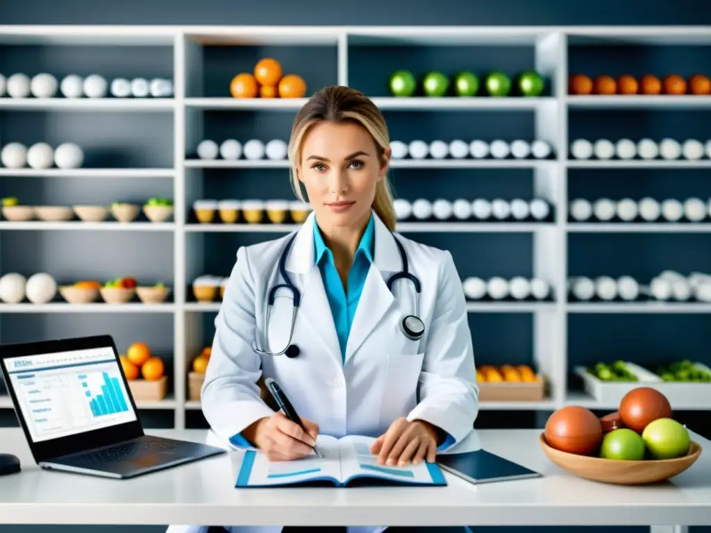Nutricionista profesional analizando datos nutricionales y deportivos Una nutricionista profesional analiza datos de rendimiento deportivo y gráficos nutricionales