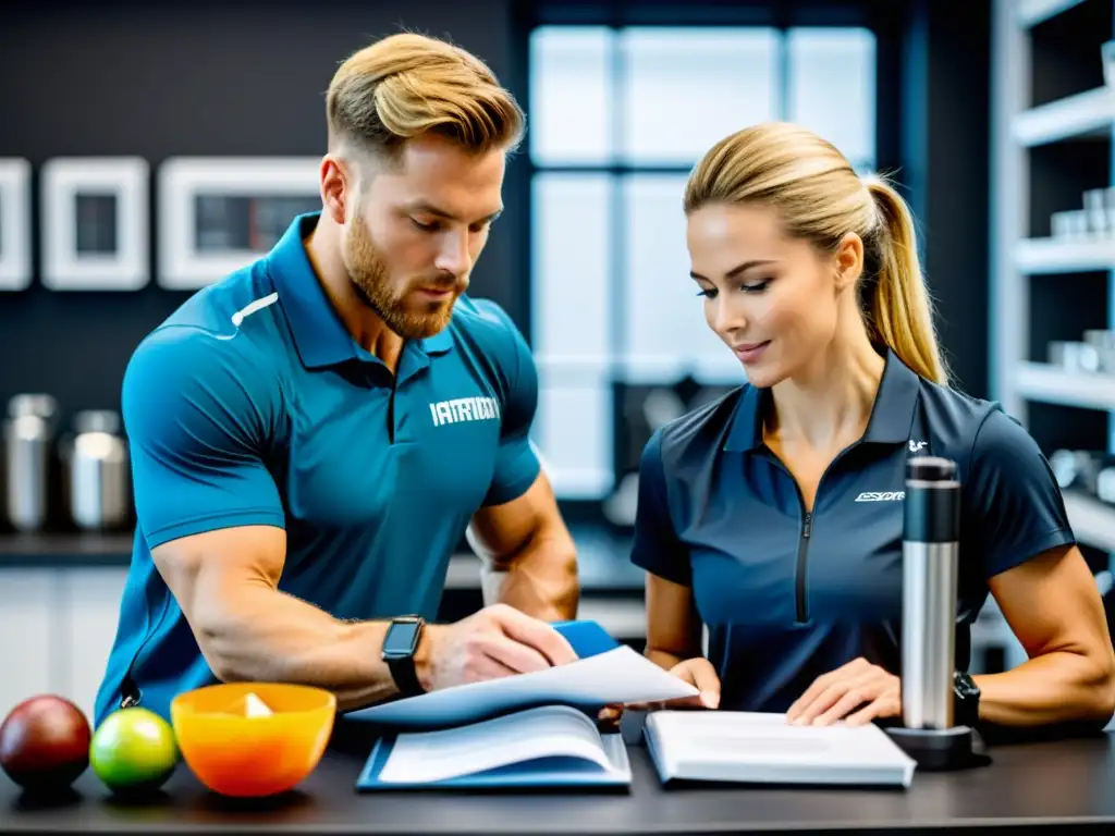 Un nutricionista profesional analiza la dieta de un atleta en un laboratorio de nutrición deportiva