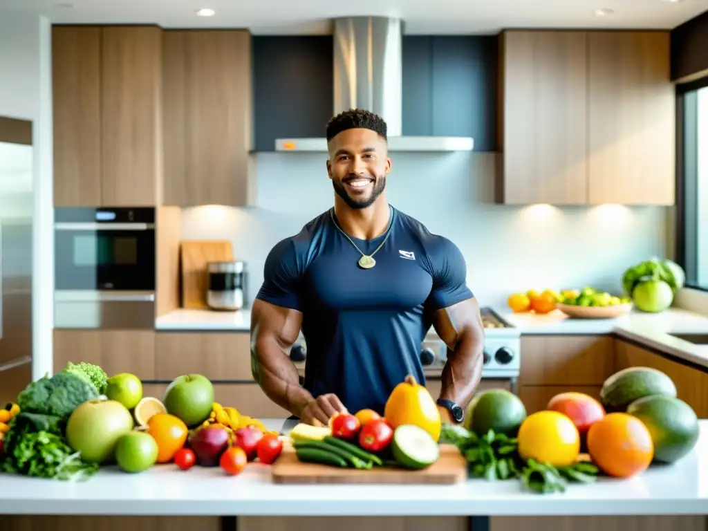 Nutricionista profesional planificando comidas para atletas Una nutricionista profesional prepara estrategias nutricionales para control de peso, rodeada de alimentos saludables en una cocina moderna