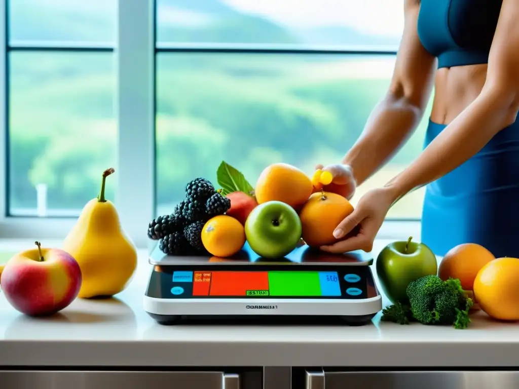 Nutricionista profesional pesando frutas, verduras y proteínas en balanza de cocina, con luz natural