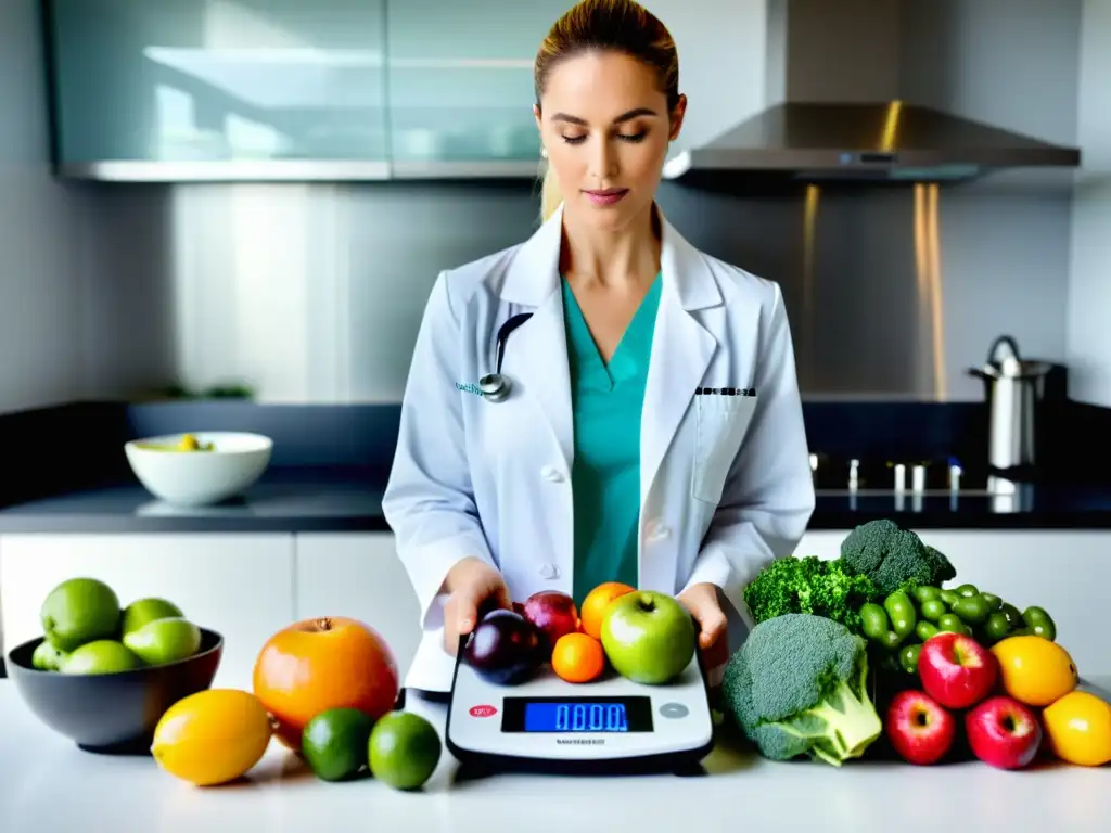Nutricionista profesional pesando suplementos y ingredientes con precisión Una nutricionista profesional mide cuidadosamente ingredientes y suplementos en una balanza de cocina moderna, rodeada de frutas y verduras coloridas