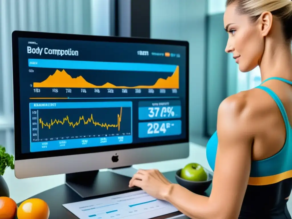 Nutricionista profesional analizando composición corporal Nutricionista profesional monitorea composición corporal con herramientas avanzadas y estrategias nutricionales para control de peso