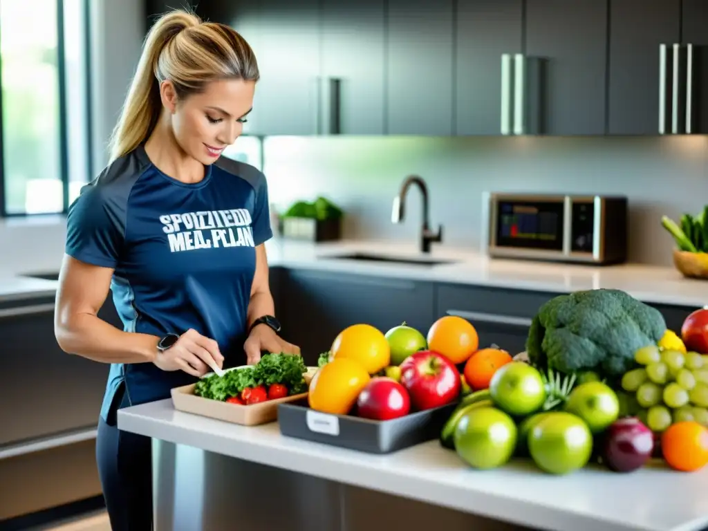 Nutricionista profesional elaborando plan alimenticio para atletas Una nutricionista profesional elabora un plan de comida especializada para atletas dedicados en una cocina moderna