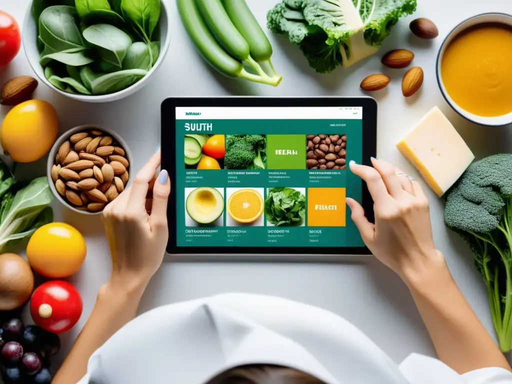 Nutricionista profesional diseñando plan alimenticio personalizado Nutricionista profesional crea plan de comidas personalizado en tablet, rodeada de alimentos coloridos y saludables