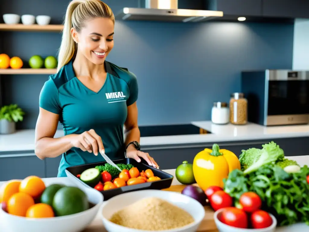 Plan nutricional personalizado para atleta con ingredientes saludables Nutricionista profesional preparando un plan nutricional deportivo para rendimiento con ingredientes coloridos y saludables en un espacio de trabajo limpio y organizado