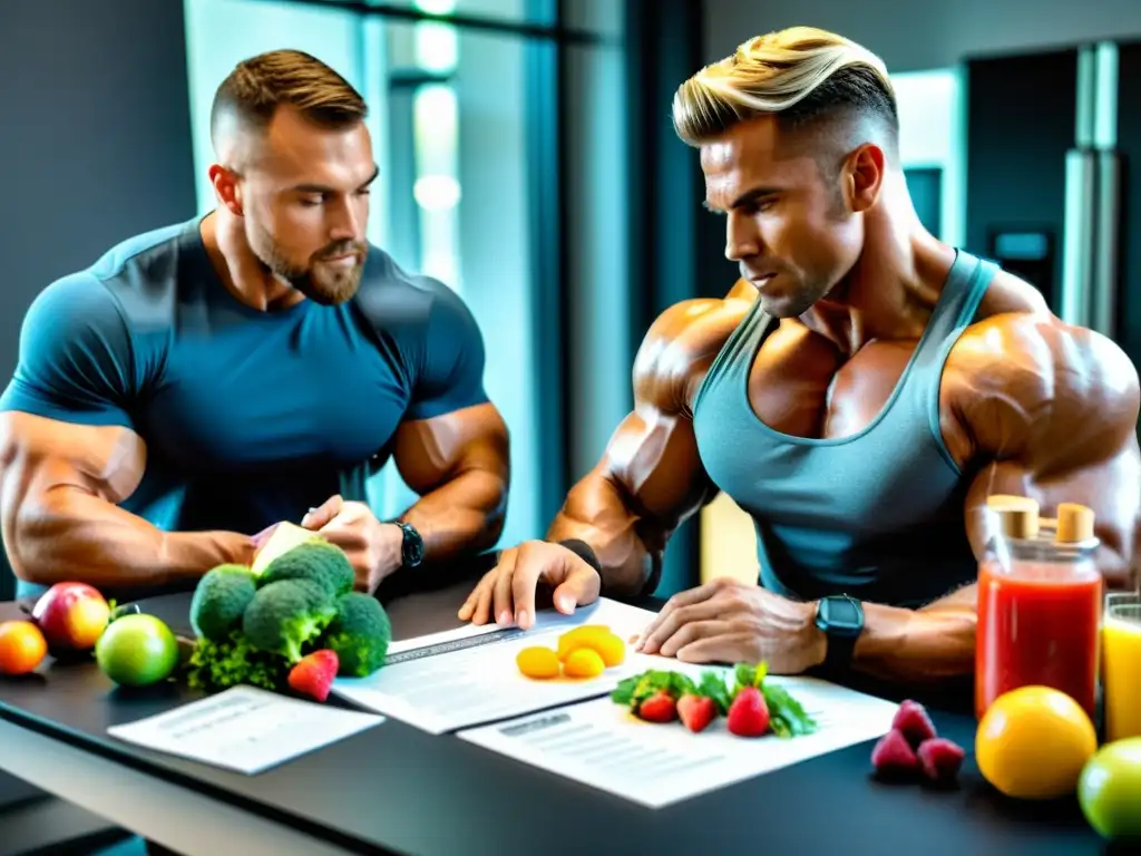 Nutricionista profesional personalizando plan de crononutrición para fisicoculturista Un nutricionista profesional elabora un plan de alimentación personalizado basado en crononutrición para mejorar el rendimiento muscular de un fisicoculturista