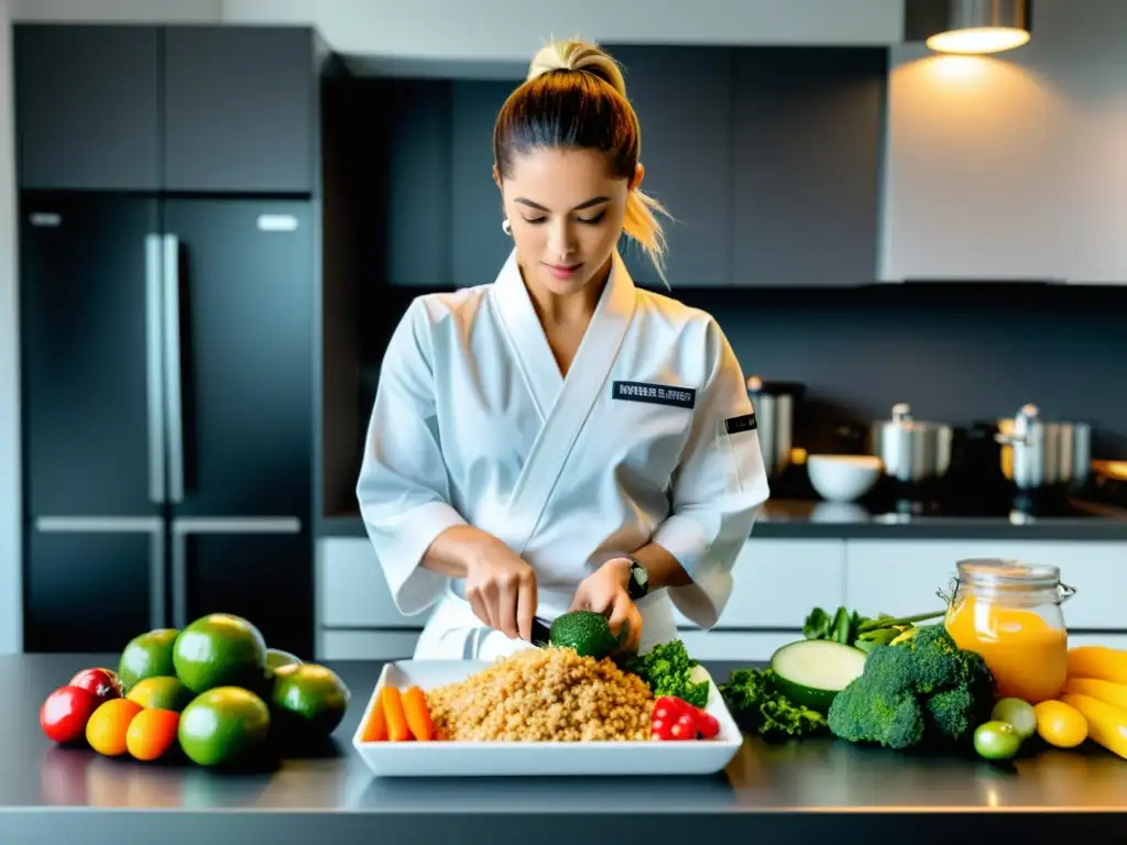 Nutricionista profesional diseñando plan de comidas para atleta de karate Nutricionista profesional elaborando planes de comidas para karate, seleccionando alimentos con precisión en cocina moderna