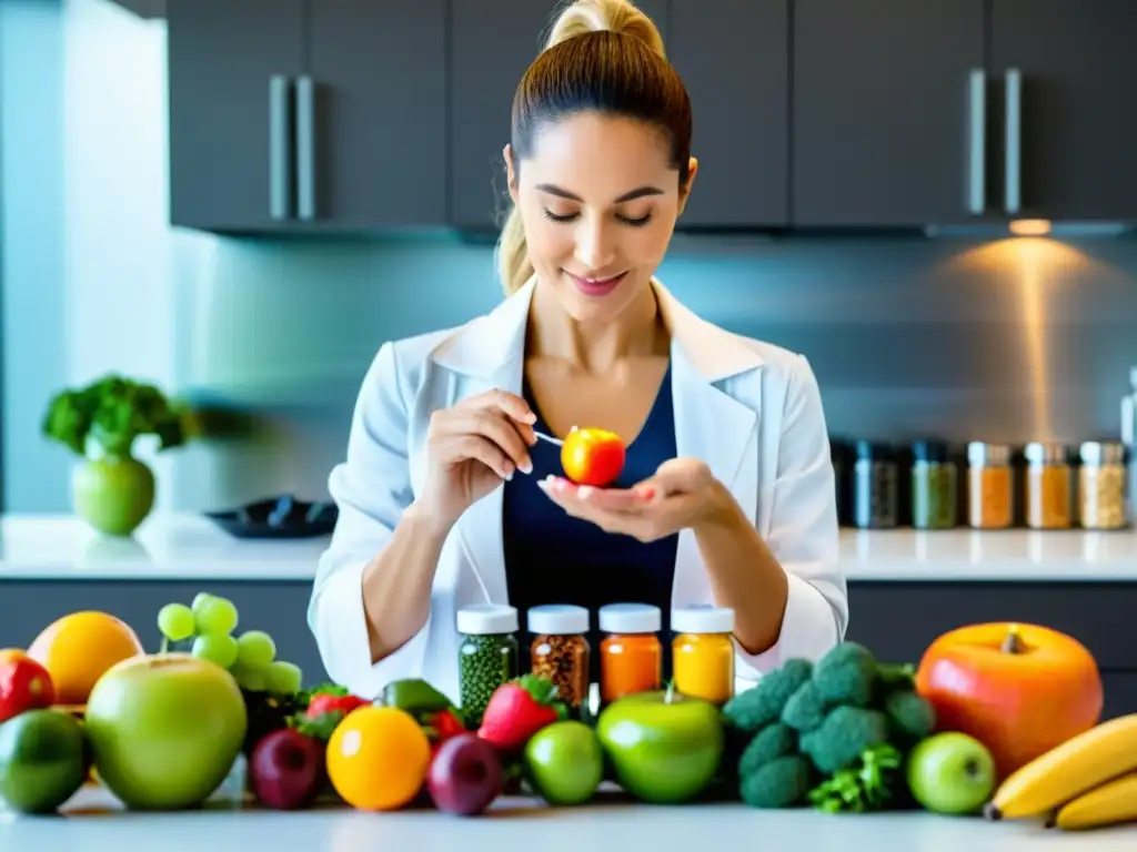 Nutricionista profesional midiendo suplementos con precisión Un nutricionista profesional mide precisamente vitaminas y minerales para el rendimiento deportivo, rodeado de frutas y verduras frescas