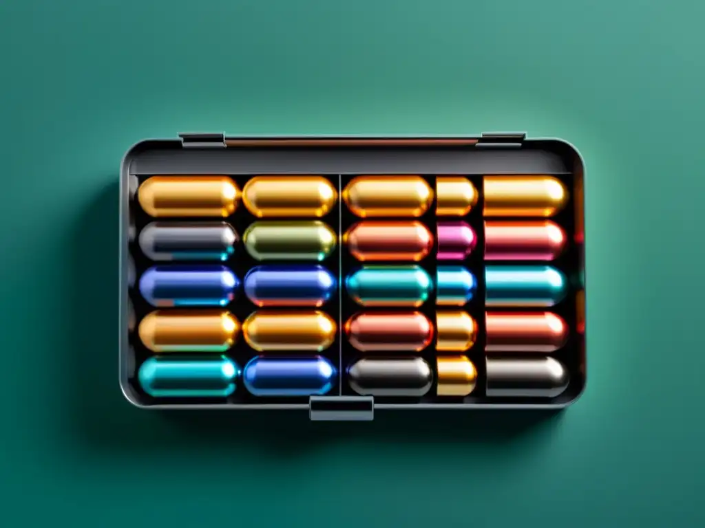 Organizador semanal de hierro: dosis precisa en colores vibrantes Una organizador de pastillas moderno y elegante lleno de suplementos de hierro para deportistas, transmitiendo precisión y optimización