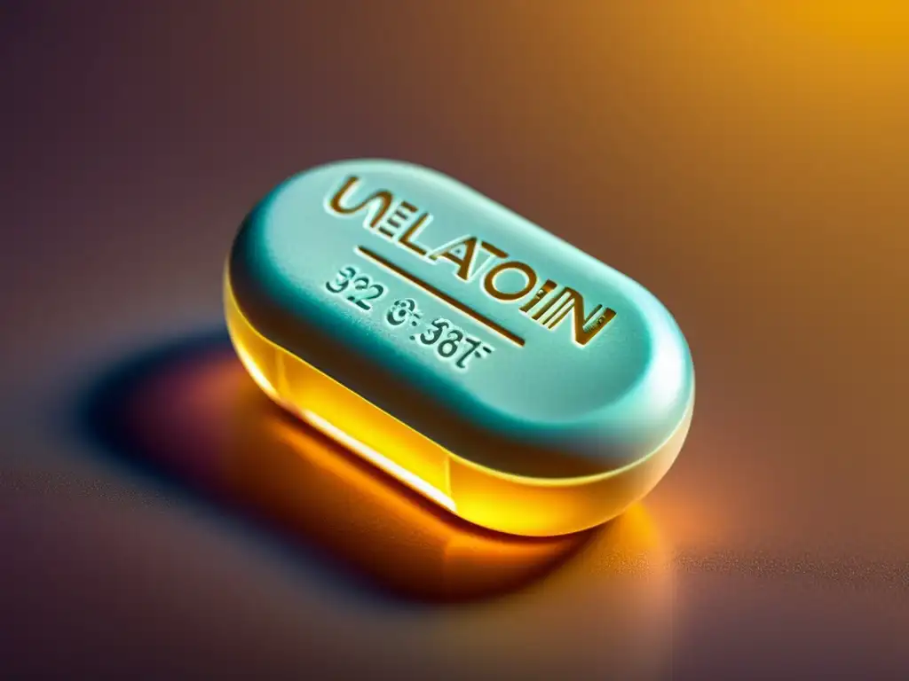 Melatonina: Detalles Farmacéuticos Una pastilla de suplementación con melatonina para recuperación deportiva, con detalles y texturas que resaltan su naturaleza farmacéutica