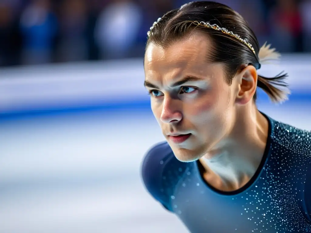 Determinación sobre hielo: Retrato de un patinador profesional en acción Un patinador sobre hielo profesional muestra determinación y fuerza, con detalles precisos y una atmósfera de velocidad