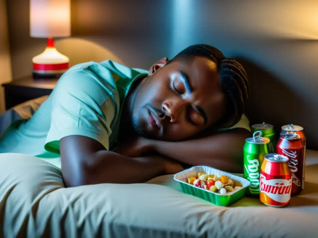 Agotamiento nocturno: impacto en la salud Persona agotada en cama rodeada de comida rápida