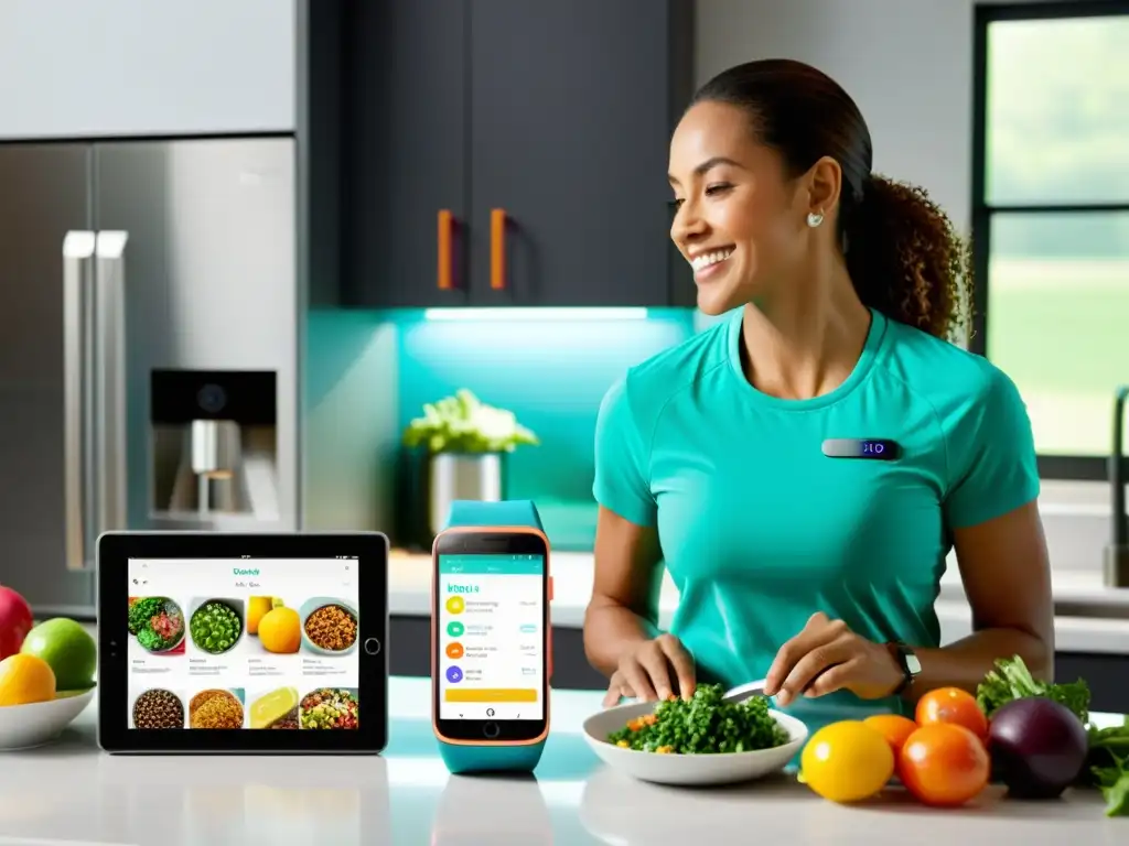 Preparando comidas saludables con Fitbit Coach en cocina moderna Una persona atlética preparando personalización entrenamiento y nutrición deportiva con Fitbit Coach en una cocina moderna y saludable