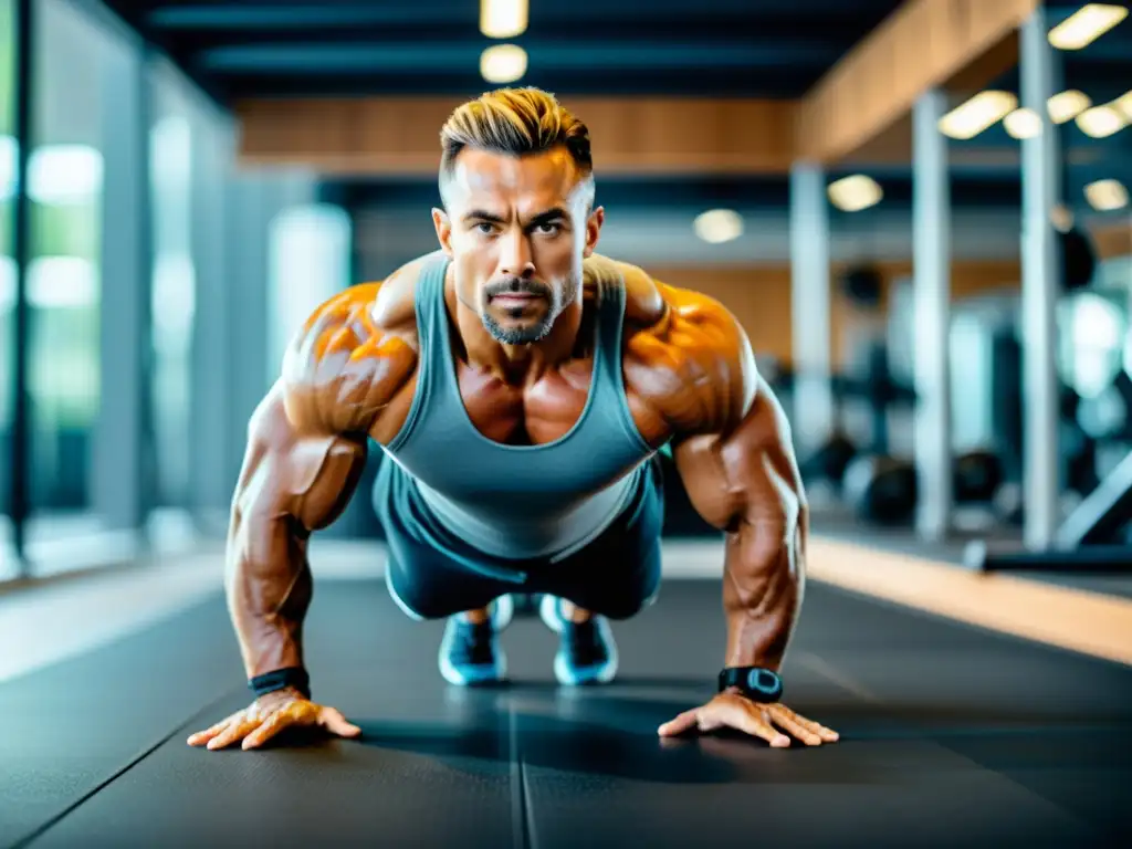 Rutina de estiramiento dinámico en gimnasio moderno Persona atlética realizando estiramientos dinámicos en moderno gimnasio