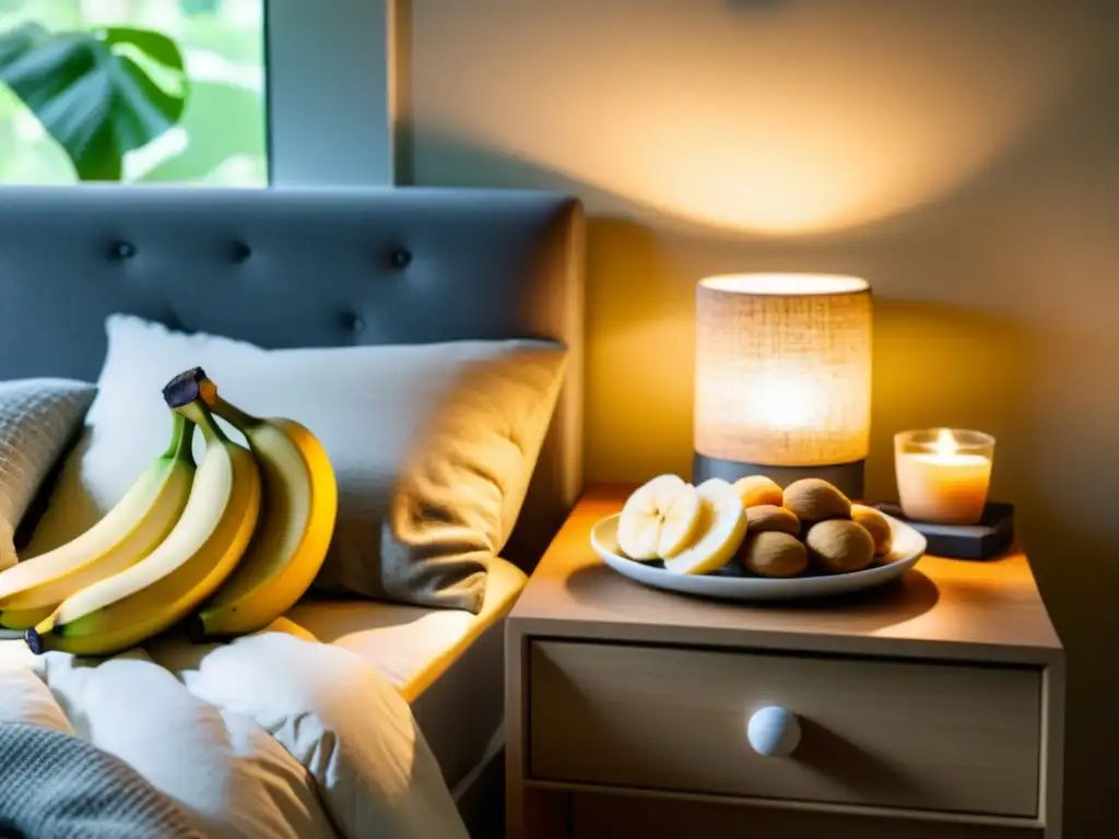 Una persona en atuendo deportivo duerme plácidamente en un dormitorio acogedor, con alimentos nutritivos para el sueño en la mesita de noche