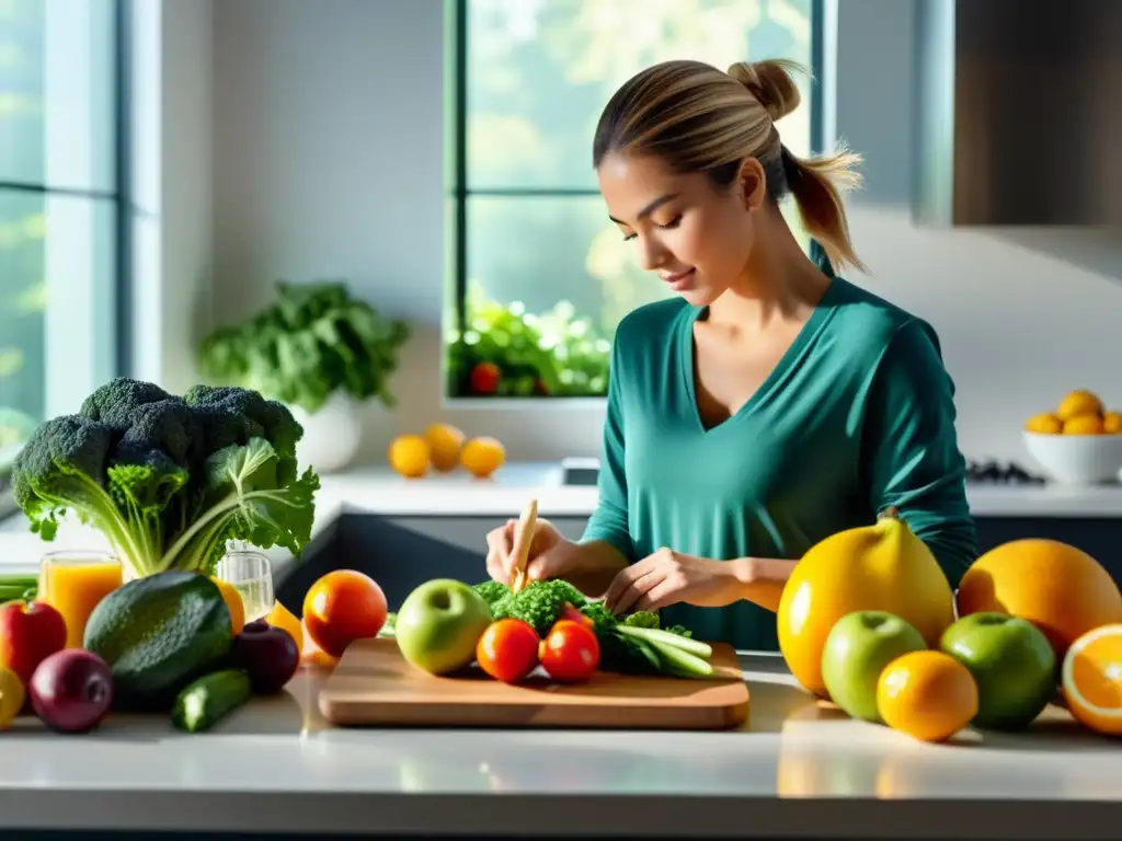 Preparación de comida equilibrada en cocina moderna Una persona prepara una comida equilibrada en una cocina moderna, con luz natural y alimentos frescos
