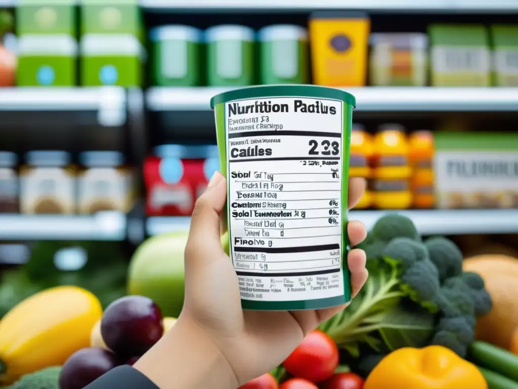 Una persona concentrada lee detalladamente la etiqueta nutricional de un producto rodeado de alimentos