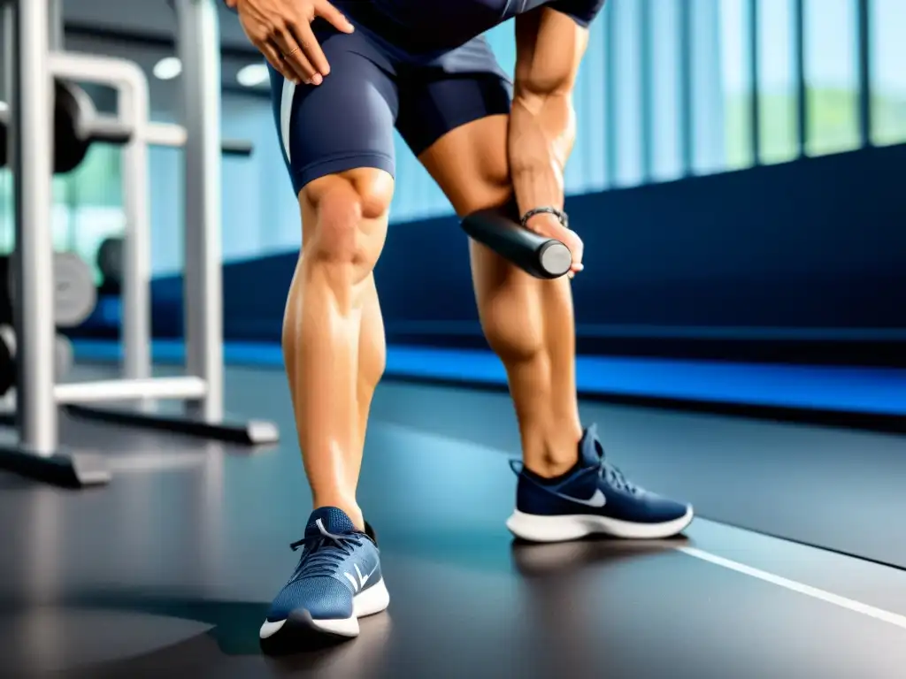 Estiramiento de pantorrillas en el gimnasio Persona haciendo estiramientos de pantorrillas en un gimnasio moderno