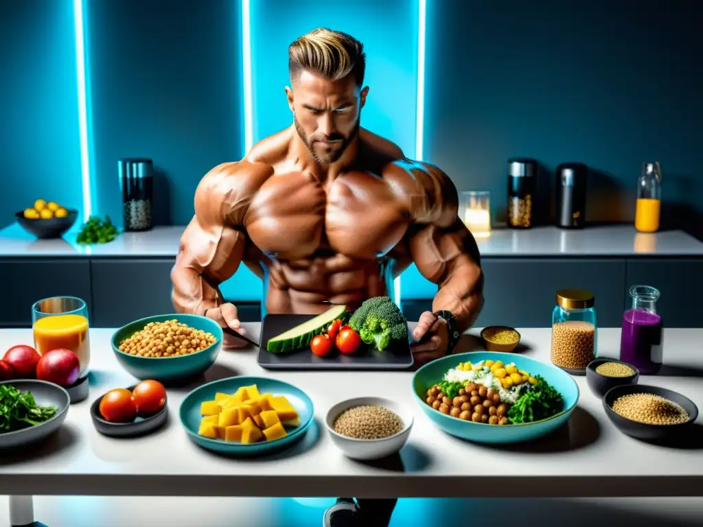 Musculación y crononutrición: Comida balanceada en entorno futurista Una persona musculosa disfrutando de una comida balanceada en un entorno moderno, destacando la crononutrición para mejorar rendimiento muscular