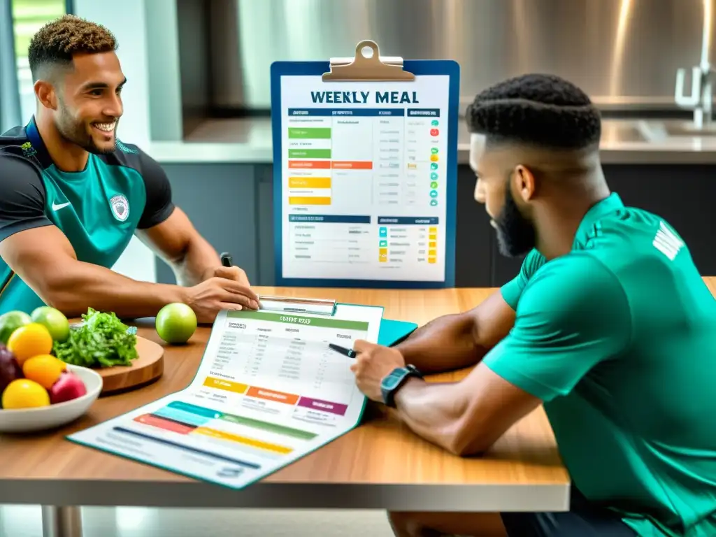 Nutrición personalizada para deportistas: Futbolista y nutricionista revisan plan semanal de comidas en cocina moderna