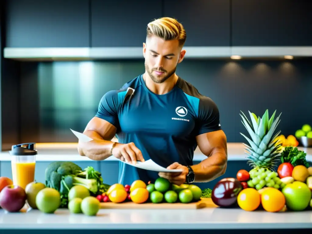 Nutrición personalizada para deportistas: una nutricionista profesional elabora un plan de comidas junto a un atleta, rodeados de alimentos coloridos y frescos