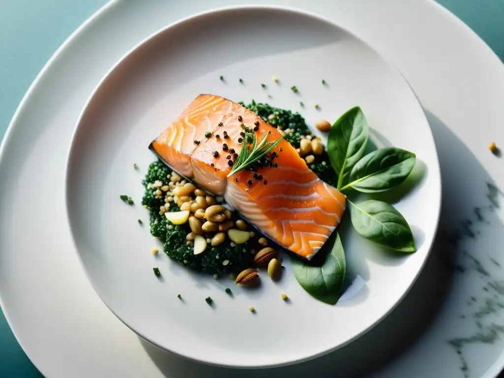 Plato blanco con alimentos ricos en Omega 3 para recuperación muscular, elegancia y frescura capturadas en detalle