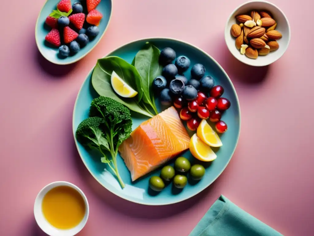 Plato colorido con alimentos antiinflamatorios para recuperación muscular en cocina minimalista