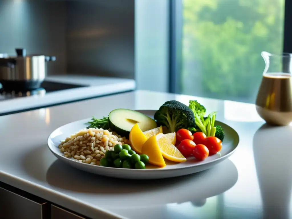 Plato equilibrado en cocina moderna: nutrición y vitalidad Plato equilibrado en cocina moderna, resaltando crononutrición para mejorar rendimiento muscular