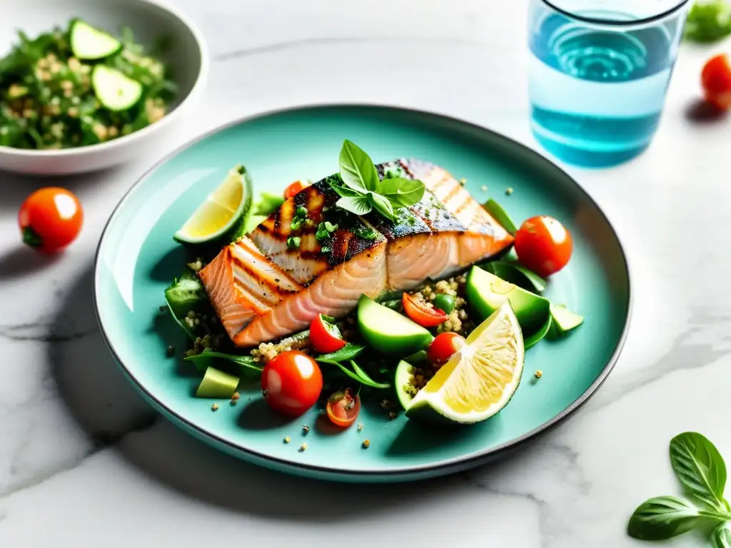 Plato equilibrado para recuperación muscular Plato equilibrado para recuperación muscular en deportes de resistencia: salmón, ensalada, quinoa y agua infusionada en mármol blanco