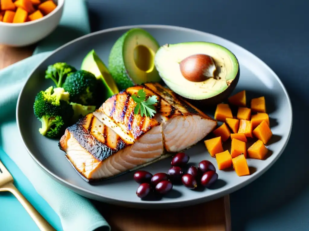 Plato Deportivo: Nutrientes para Atletas Un plato lleno de alimentos coloridos y nutritivos como pollo a la parrilla, salmón, quinoa, batatas, aguacate y nueces