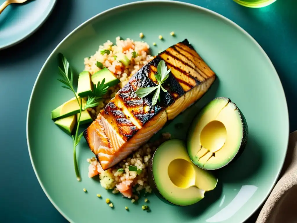 Delicioso salmón a la parrilla con ensalada de aguacate y quinoa Plato de salmón a la parrilla con ensalada de aguacate y quinoa, rociado con aceite de oliva y hierbas frescas