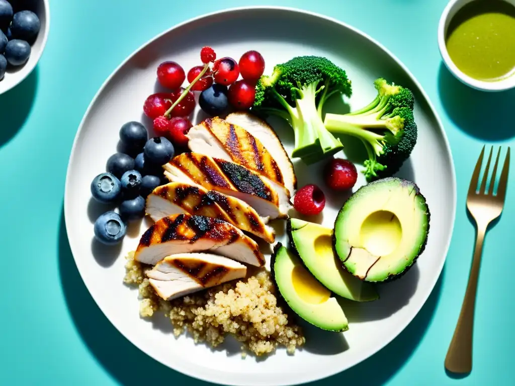 Plato fitness con ingredientes frescos y coloridos Plato variado con alimentos saludables y coloridos para principiantes en nutrición deportiva y culturismo