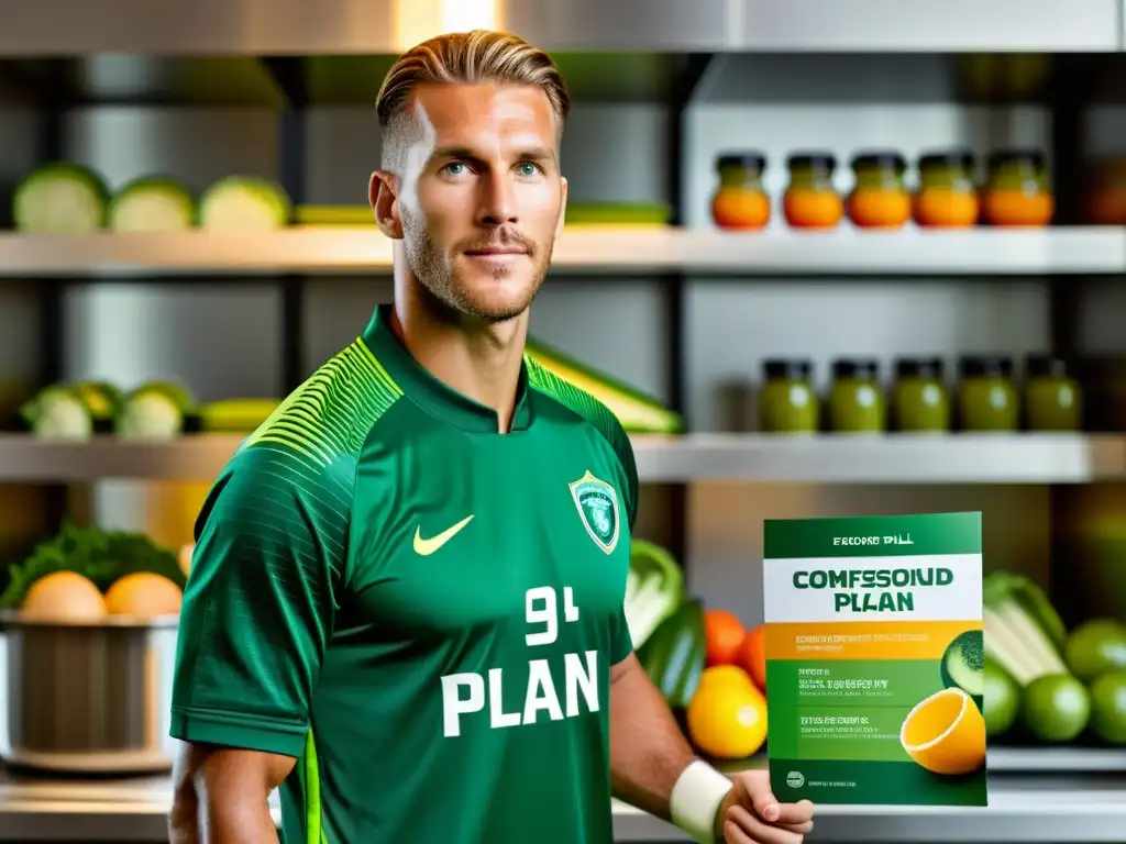 Un portero de fútbol profesional sostiene un plan de nutrición personalizado en una cocina moderna