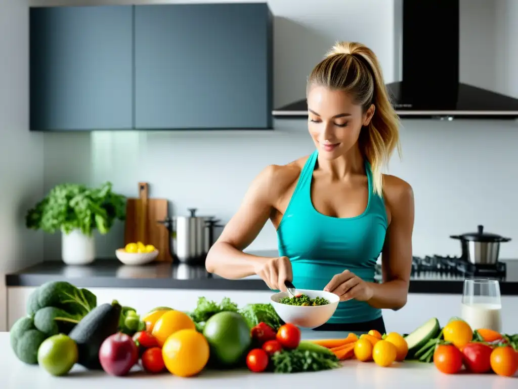 Nutricionista profesional preparando comida post-entrenamiento Nutrición deportiva para recuperación postentrenamiento: Nutricionista profesional prepara comida colorida y nutritiva en cocina moderna y elegante