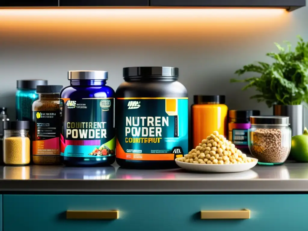 Vibrante nutrición post-entrenamiento en cocina moderna Nutrición deportiva para recuperación postentrenamiento: Suplementos coloridos y saludables en una elegante cocina moderna, iluminados suavemente