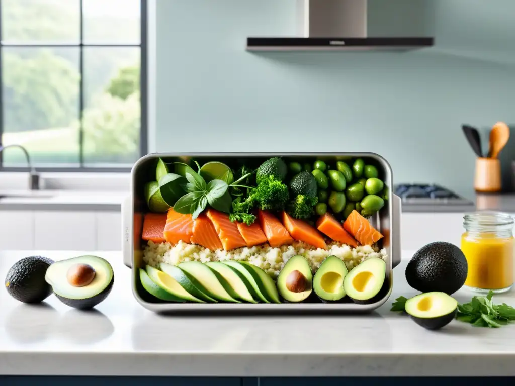 Preparación de alimentos para futbolista: ingredientes frescos y saludables Preparación de comidas para futbolistas con ácidos grasos esenciales, destacando la frescura y vitalidad de los ingredientes en una cocina moderna y luminosa