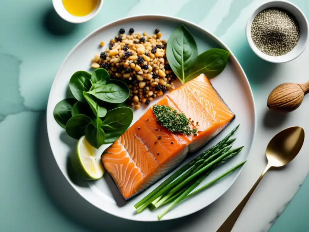 Omega-3: Fuente variada y fresca para salud y rendimiento Una presentación moderna de alimentos ricos en omega-3 como salmón, semillas de chía, linaza, nueces y espinacas, resaltando su frescura y valor nutricional