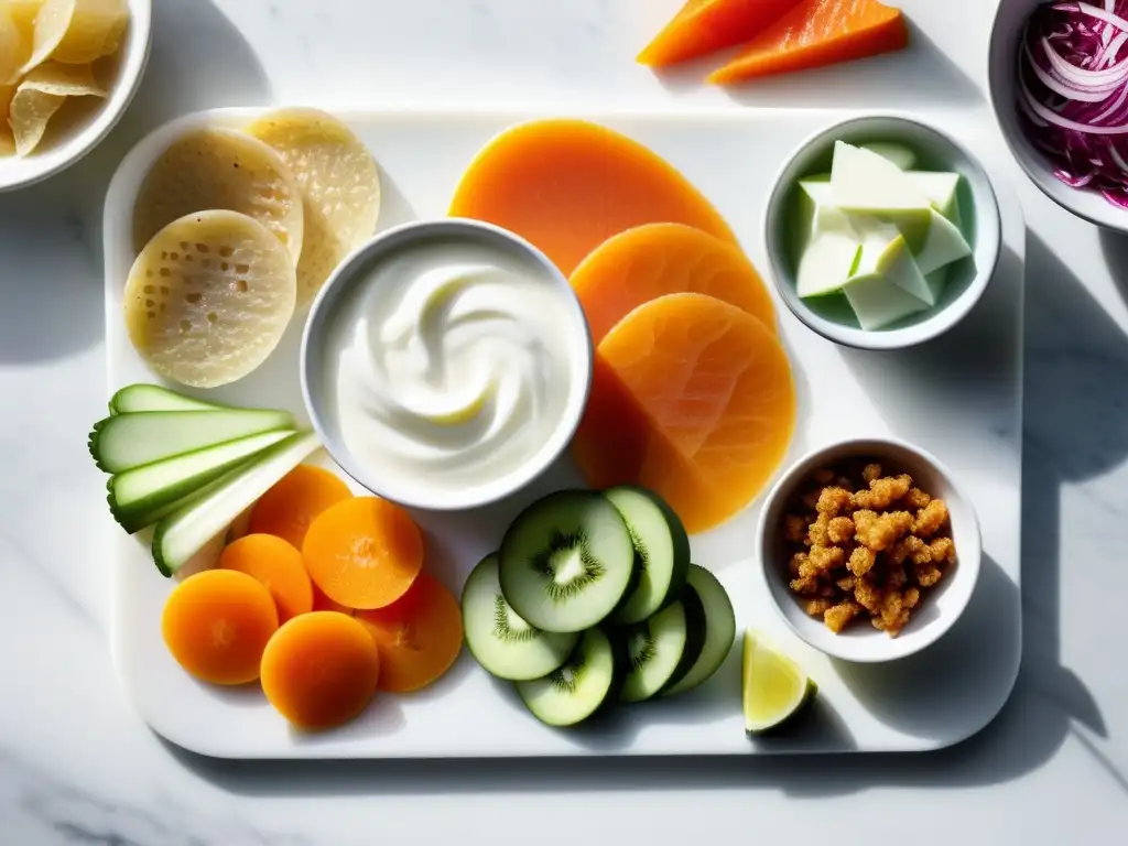 Alimentos probióticos: una explosión de colores y texturas Probióticos para mejorar rendimiento deportivo: variedad de alimentos coloridos y ricos en probióticos en una elegante tabla de mármol blanco