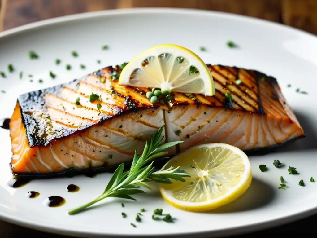 Suculento filete de salmón a la parrilla con Omega3 y hierbas frescas Recuperación postcompetitiva con Omega3: Detalle de un suculento filete de salmón a la parrilla, fresco y lleno de color, con hierbas y limón