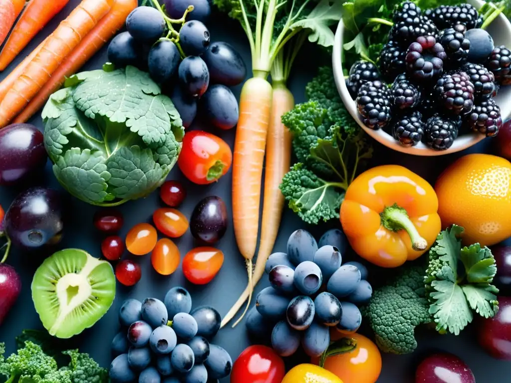 Patrón vibrante de frutas y verduras frescas Una rica variedad de frutas y verduras frescas en un patrón colorido, destacando la importancia de la carga de carbohidratos