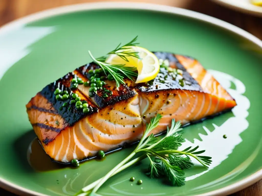 Delicioso salmón a la parrilla con omega-3 y limón Un salmón a la parrilla con grasas saludables, dill fresco y limón, en un plato moderno
