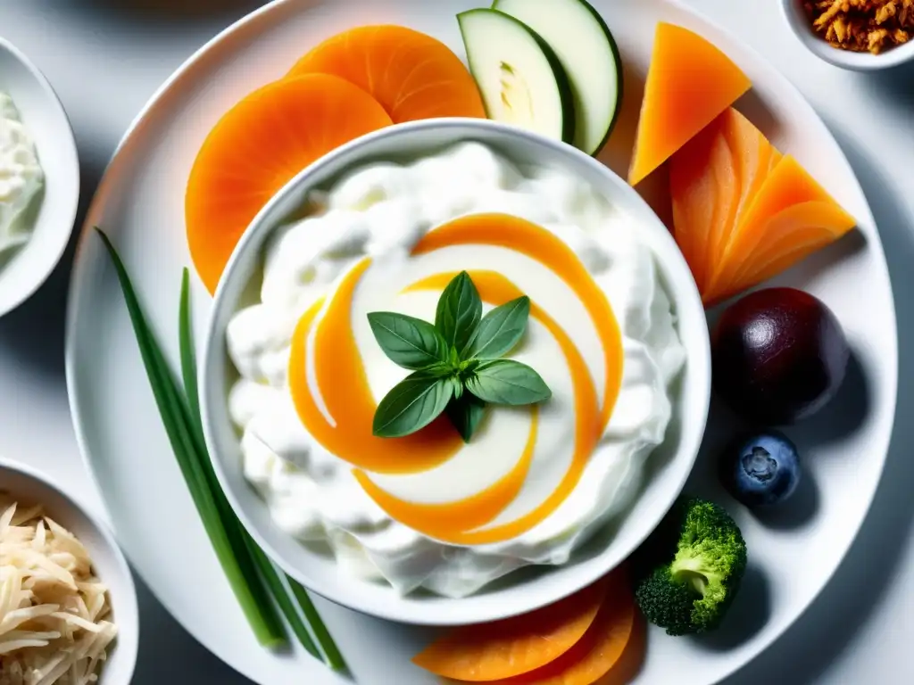 Alimentos Probióticos: Vitalidad Deportiva Una selección de alimentos probióticos como yogur, kéfir, chucrut y kimchi en una elegante bandeja blanca
