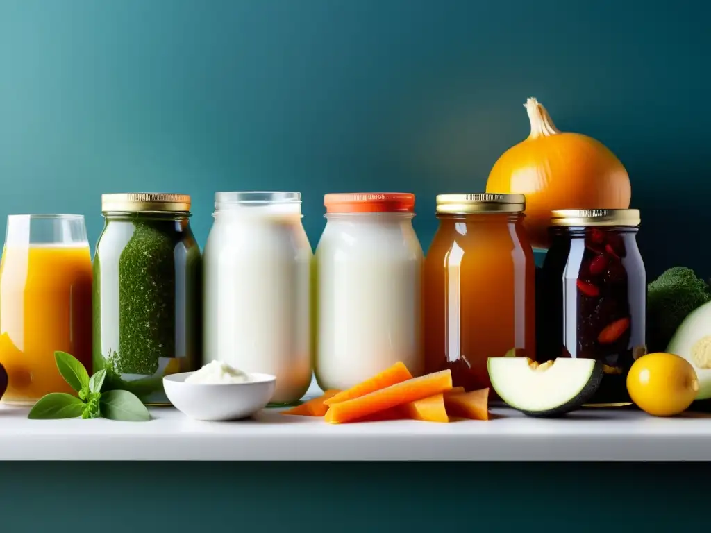 Alimentos Probióticos: Frescura y Nutrición Una selección de alimentos ricos en probióticos se exhibe en una encimera moderna, destacando los beneficios probióticos para deportistas