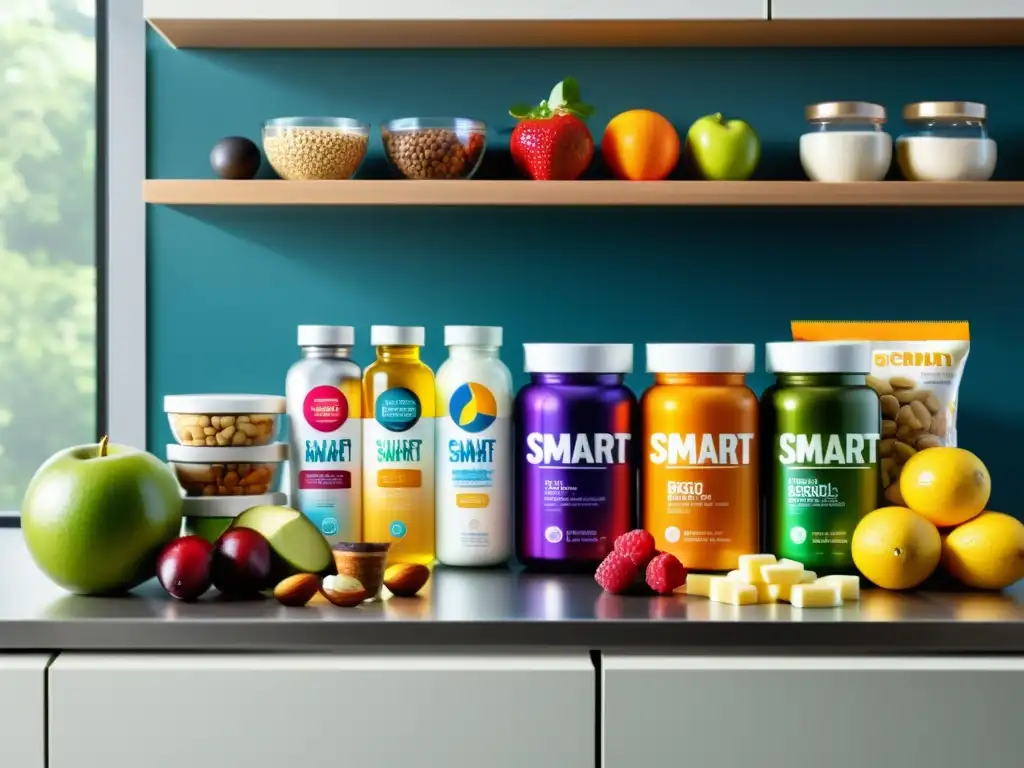 Deliciosos snacks y suplementos en cocina moderna Una selección colorida de snacks inteligentes para nutrición deportiva en una cocina moderna y luminosa
